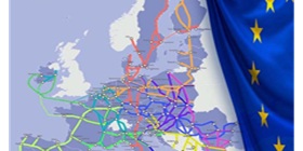 La Red Transeuropea de Transporte (RTE-T) en el mapa y la bandera de Europa