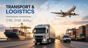Proceso de transporte y logística que muestra camiones, almacenes y mercancías moviéndose por Europa en la cadena de suministro